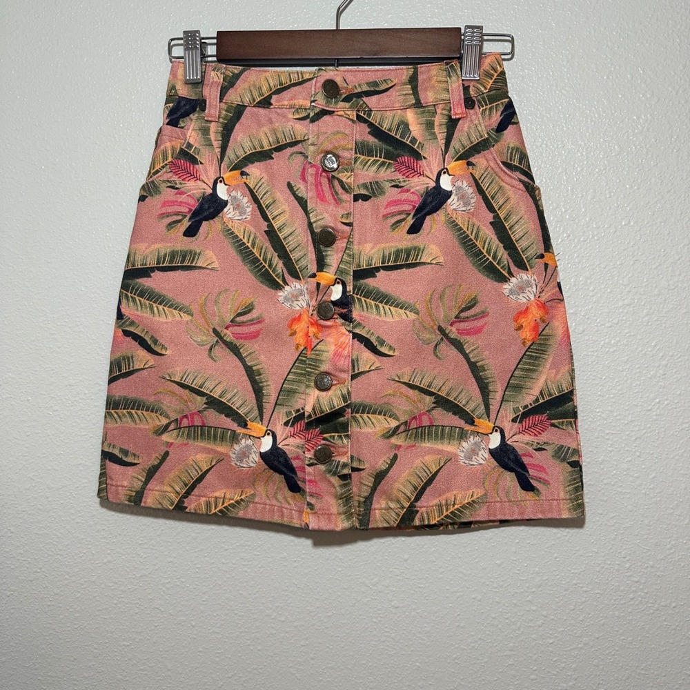 Farm Rio for Anthropologie Pink Tropical Toucan Button Front Mini Skirt XXS